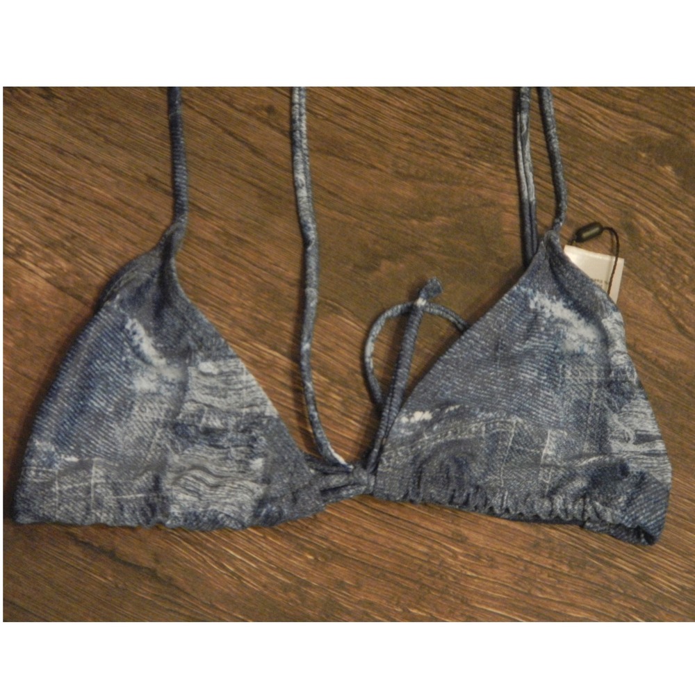 Nasty Gal Denim Print Triangle Bikini Top Swimsuit Beach Summer - Picture 2 of 4